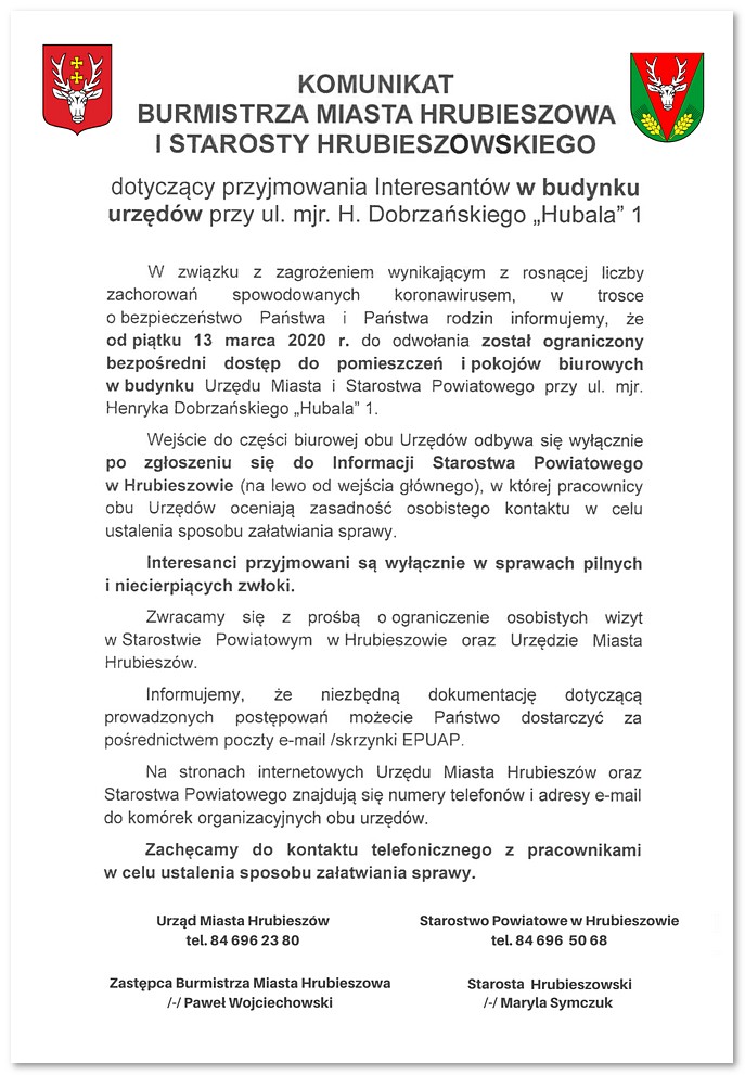 Komunikat Birmistrza Miasta i Starosty Hrubieszowskiego Komunikat Birmistrza Miasta i Starosty Hrubieszowskiego